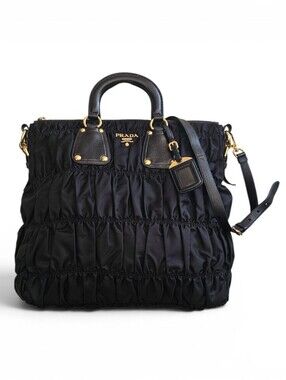 Prada Black Gaufre Nylon Top Handle Tote with Gold Hardware